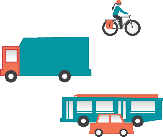 Graphic of bicyclist, truck, bus, and car.